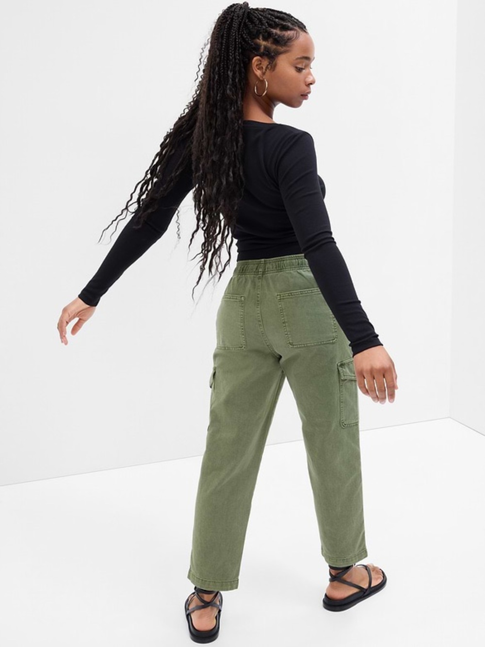 Gap Mid Rise Easy Wide Leg Drawstring 100% Cotton Cargo Pants in Mesculen Green - Picture 4 of 13